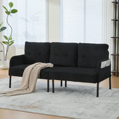 Produktbild von MODFU Sofa Cord Drei-Sitzer,Loungesofa mit hoher Rückenlehne und praktischen Seitentaschen,Stabile Metallfüße,Cord,Schwarz