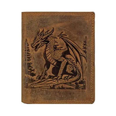 Produktbild von RFID Büffel Echt Leder Geldbörse Portemonnaie mit geprägtem Drachen Motiv Braun - Hochformat