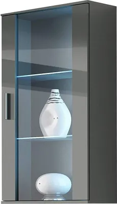 Produktbild von Furniture24 Hängevitrine SOHO Hängeschrank Wandvitrine mit Blauer LED Beleuchtung Grau/Grau Hochglanz