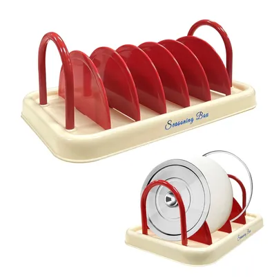 Produktbild von Topfdeckelhalter, Pfannenorganizer, abnehmbar, bis 7 Deckel, rot und weiß