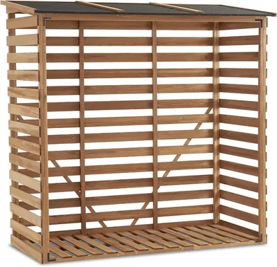 Obrázok produktu pre Vonkajší regál z dreva, regál na drevo s bočnou doskou, drevený prístrešok s vodotesnou krytinou, rozmer 90 × 185 × 186 cm, farba: prírodná
