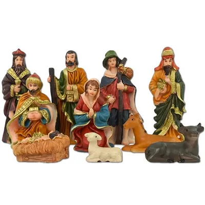 Produktbild von Krippenfiguren Set 10-teilig Weihnachtskrippe handbemalt Heilige Familie Könige Tiere 2–10 cm