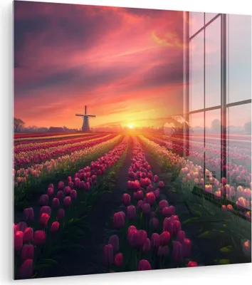 Produktbild von MuchoWow Glasbilder - Bilder auf Wandbild - Foto auf Glas Windmühle - Sonnenuntergang - Landschaft 20x20 cm Wanddekoration aus Glas - Acrylglasbild - Acrylbilder - Bilder von Glas - Moderne