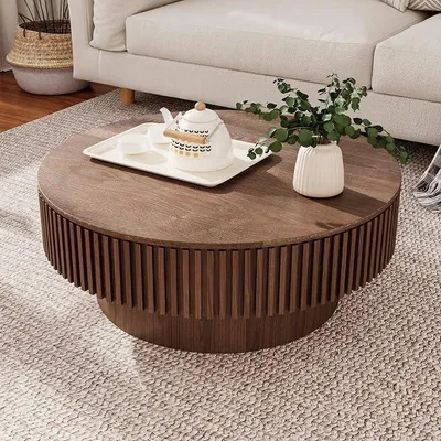 Imagen del producto de Mesa de centro redonda de 75 cm, mesa de centro de madera maciza, color nogal