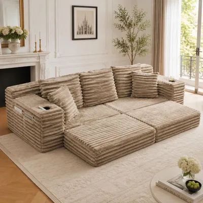 Produktbild von Cordstoff-Kompressionssofa Hohe Rückenlehne Zusatzkissen Seitentaschen Getränkehalter Schlafsofa Khaki 273x98x87cm