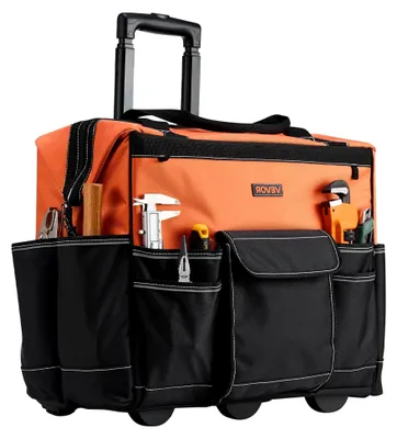 Produktbild von Werkzeugtasche mit Rollen, 50 kg Tragkraft, 27 Fächer, Arbeitsrucksack mit verstellbarem Teleskopgriff und stabilem Standfuß, Werkzeugtaschen-Organizer für Bau und Mechanik, 510x310x450 mm