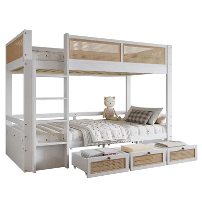 Produktbild von Etagenbett mit 2 Schlafgelegenheiten und Lattenrost, 90x200 cm, Kinderbett mit 3 Schubladen und Rausfallschutz, Kiefer
