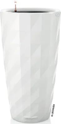 A tall, white, faceted planter with a water level indicator visible at the top.