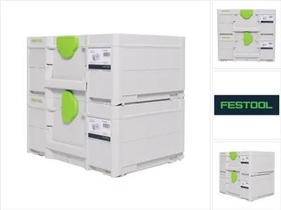 A collage of images showing Festool Systainers, including a main image of stacked units and smaller images of the units from different angles and a logo.