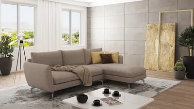 Produktbild von S-STYLE MÖBEL - Modernes Ecksofa Frema mit Silber Metall Füßen aus Dunkelbeige Luxusmicrofaser - Ottomane rechts  - B/T/H: 261 cm/167 cm/87cm