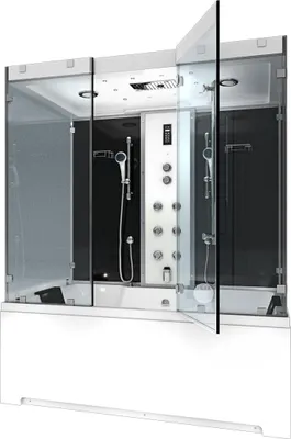 A modern shower-bathtub combination unit with glass doors and a central control panel.