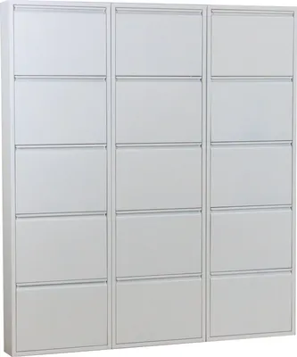 A white metal shoe cabinet with 15 flip-down doors.
