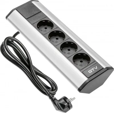 A silver and black power strip with four outlets and a black cord with a plug.
