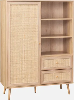 Produktbild von sweeek - Highboard mit Rattan-Geflecht und Holzdekor 1 Tür, 2 Schubladen - Natur
