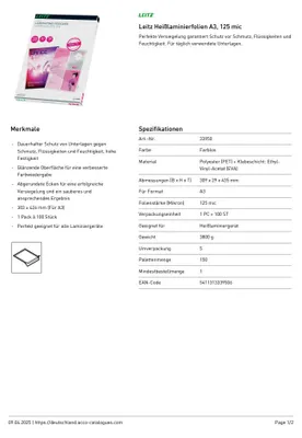 Productafbeelding van Leitz 33950 - Foliohouder, 125 micron, voor A3-formaat, 100 stuks