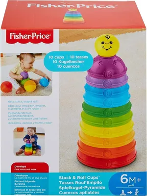 The image shows the packaging of a Fisher-Price Stack & Roll Cups toy, with a baby playing with the toy on the left side.