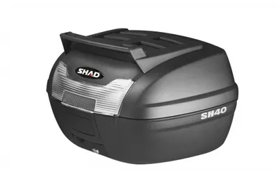 A black motorcycle top case is shown against a white background.