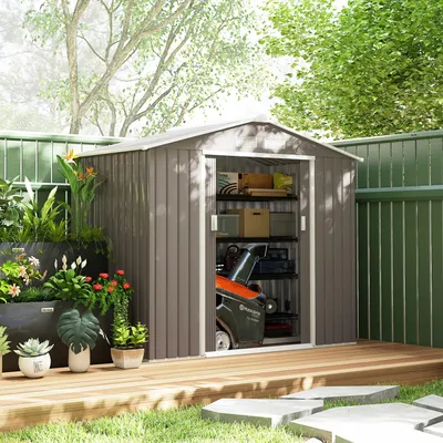 Produktbild von Gerätehaus für Garten, Geräteschuppen Metall mit Schiebetüren, wetterfest, Stahl, Grau  |  mit Fundament  |  25,5 kg  |  213 x 130 x 185 cm