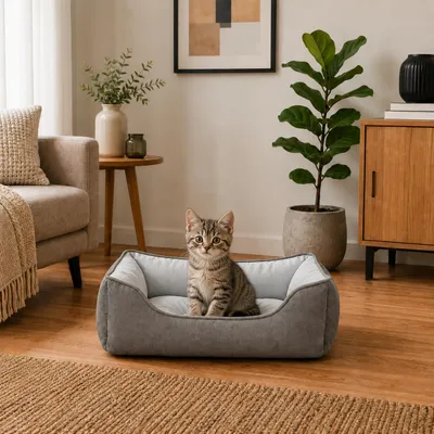 Produktbild von belviona Katzenbett, wendbares Katzenkörbchen mit 2-in-1 Funktion, weich gepolstert & pflegeleicht, 60x50 cm, hellgrau/dunkelgrau