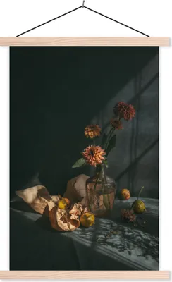 Produktbild von MuchoWow® Textilposter Obst - Blumen - Stilleben 60x90 cm mit holzfarbenen Rahmen - Textil
