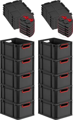 Produktbild von SuperSparSet 10x Eurobox NextGen Color mit Scharnierdeckel und Schiebeschnappverschlüssen | HxBxT 22x30x40cm | 20 Liter | Schwarz | Griffe rot offen | Eurobehälter, Transportbox, Transportbehälter, Stapelbehälter