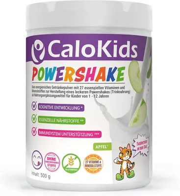 A product shot of a container of CaloKids Powershake.