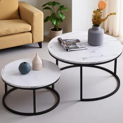 Image de Table Basse Empilable Moderne, Cadre Métallique Noir avec Plateau Effet Marbre - 80 cm