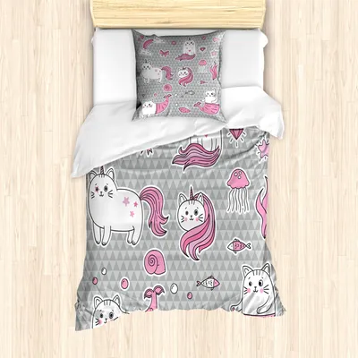 Produktbild von ABAKUHAUS Einhorn-Katze Mantele, Mermaid Cat, Milbensicher Allergiker geeignet mit Kissenbezügen, 135 cm x 200 cm - 80 x 80 cm, Grau Pale Pink Weiß