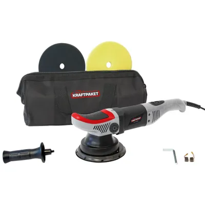 Produktbild von 8mm-710W Dino KRAFTPAKET Exzenter Poliermaschine mit ZWANGSROTATION Stufenlos im Set mit 125mm Stützteller, Pads und Tasche für Auto KFZ Boot