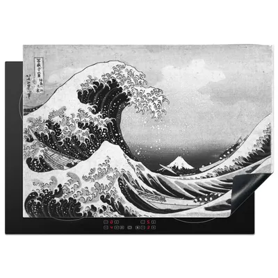 Produktbild von KitchenYeah© Herdabdeckplatte Die große Welle von Kanagawa - Gemälde von Katsushika Hokusai - schwarz-weiß , 75x52cm, Küche Deko, Glaskeramikkochfeld Herdabdeckung, Abdeckplatte fùr Kochfeld