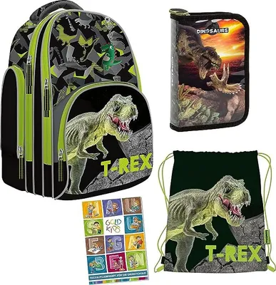 Produktbild von Goldkids Schulranzen Set 4er Ranzen Tornister Federmappe Turnbeutel Turnsack Aufgabenheft für die Grundschule ab der erste Klasse T-Rex Dinosaurier Motiv