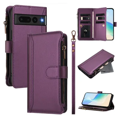 Image de Étui pour Google Pixel 7 Pro, étui à fermeture éclair en cuirPolyuréthaneavec pochettes pour cartes, support et boucle pour les mains Violet