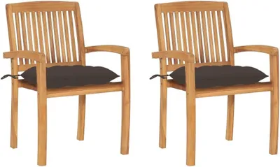Produktbild von 2 Gartenstühle aus massivem Teakholz mit taupefarbenen Kissen