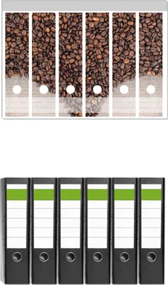 Produktbild von Wallario 6 Stück breite Ordner inkl. Klebeetiketten mit Motive Tasse mit Kaffeebohnen - Kaffeedesign -  Set mit Rückenschildern / Ordnerrücken Stickern