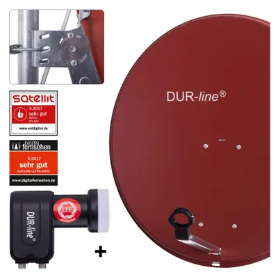 A satellite dish and LNB are shown against a white background, with various certification badges.