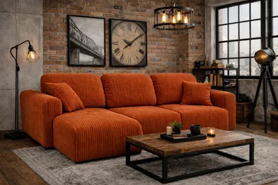 Zdjęcie produktu dla Narożnik z funkcją spania i pojemnikiem, sofa w kształcie L Bingo L, tkanina sztruksowa Poso, Miedziany, Lewy