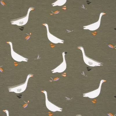 Produktbild von Baumwolljersey Stoff Meterware GUSGUS Gänse khaki-grün 1,5m