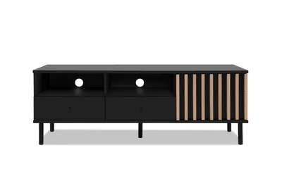 Zdjęcie produktu dla Stolik pod TV z 1 drzwiami i 2 szufladami, czarny i drewniany, szerokość 138 cm - MONZA