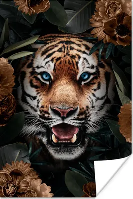 Produktbild von MuchoWow® Poster Tiger - Blumen - Braun 120x180 cm - Kunstposter