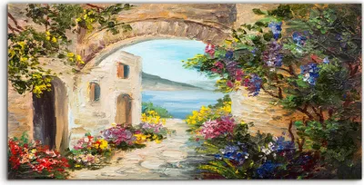Produktbild von Coloray Acrylbild 120x60  Wandbild Acrylbilder Kunst Malerei Haus am Meer bunte Blume