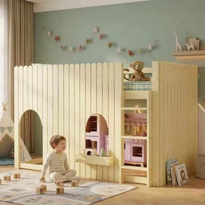 Imagen del producto de Cama alta de 90x200 cm, color natural, fabricada en pino y MDF, con iluminación LED multicolor y escalera recta, ideal para dormitorios infantiles