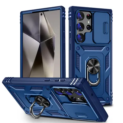 Immagine prodotto di Custodia per Samsung Galaxy S25 Protezione fotocamera ultra scorrevole, resistente agli urti, con supporto ad anello, supporto e porta carte di credito Blu