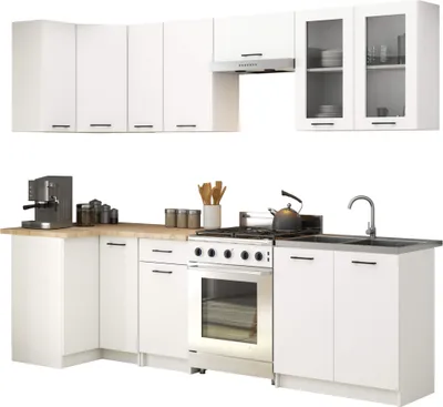 Produktbild von Eckküchenzeile 300cm mit Vitrine 11 Türen 1 Schublade Küche 9 Einheiten H720