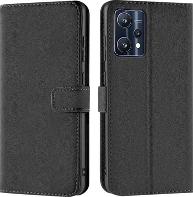 A black book-style phone case for a Realme 9 5G / Realme 9 Pro 5G is shown from the front and back.