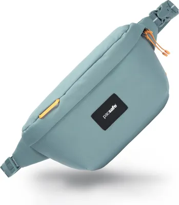 A teal sling bag is shown against a white background.