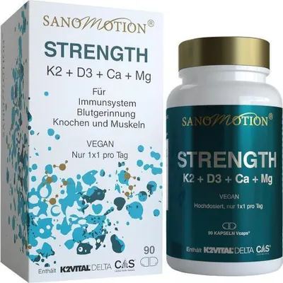 Zdjęcie produktu dla Sanomotion Strength K2+D3+Ca+Mg – kapsułki wegańskie, 90 szt.