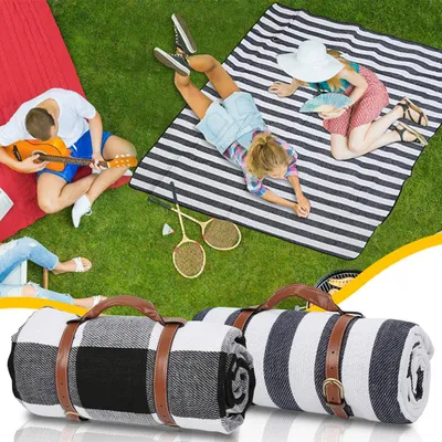Produktbild von Vigevee Picknickdecke Wasserdicht 200x200 cm XXL Outdoor Campingdecke Faltbar mit Tragegriff, Streifen & Karo Muster