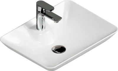 A white ceramic sink with a chrome faucet is shown against a white background.