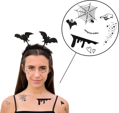 Produktbild von Oblique Unique Fledermaus Kostüm Accessoire Set - Haarreif + Tattoos für Halloween Fasching Karneval Motto Party