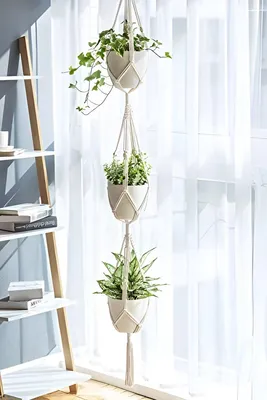 Produktbild von PolkaHome® Hängender Pflanzenständer handgefertigter Aufhänge-Blumentopfhalter aus Baumwollseil, 200 cm, für Innen & Außen